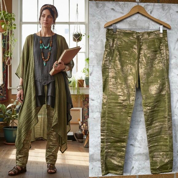 ALEMBIKA Pants - ALEMBIKA Green Gold Foil Cargo Pants | Size 2 | US 10 Designer Boho Luxe Punk